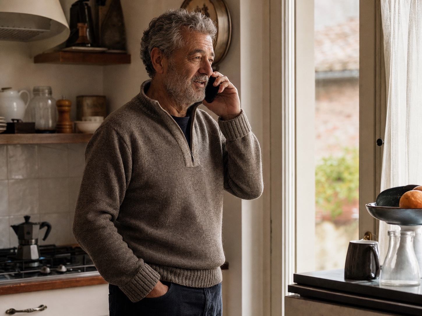 Un uomo parla al telefono nella sua cucina